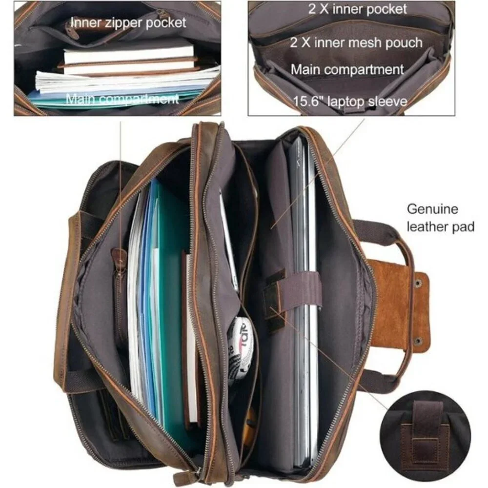 ⚡Men Deep Brown Fits 15.6 Inch Laptop Crossbody Bag Attached Leather Briefcase
